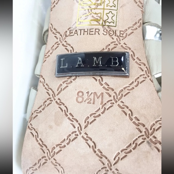 L.A.M.B. Leather Silver Coin Strappy Platform Heels - Picture 7 of 11